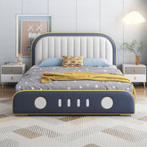 Starry-themed headboard with yellow piping; bacchon ka bed and kids twin bed; upholstered finish